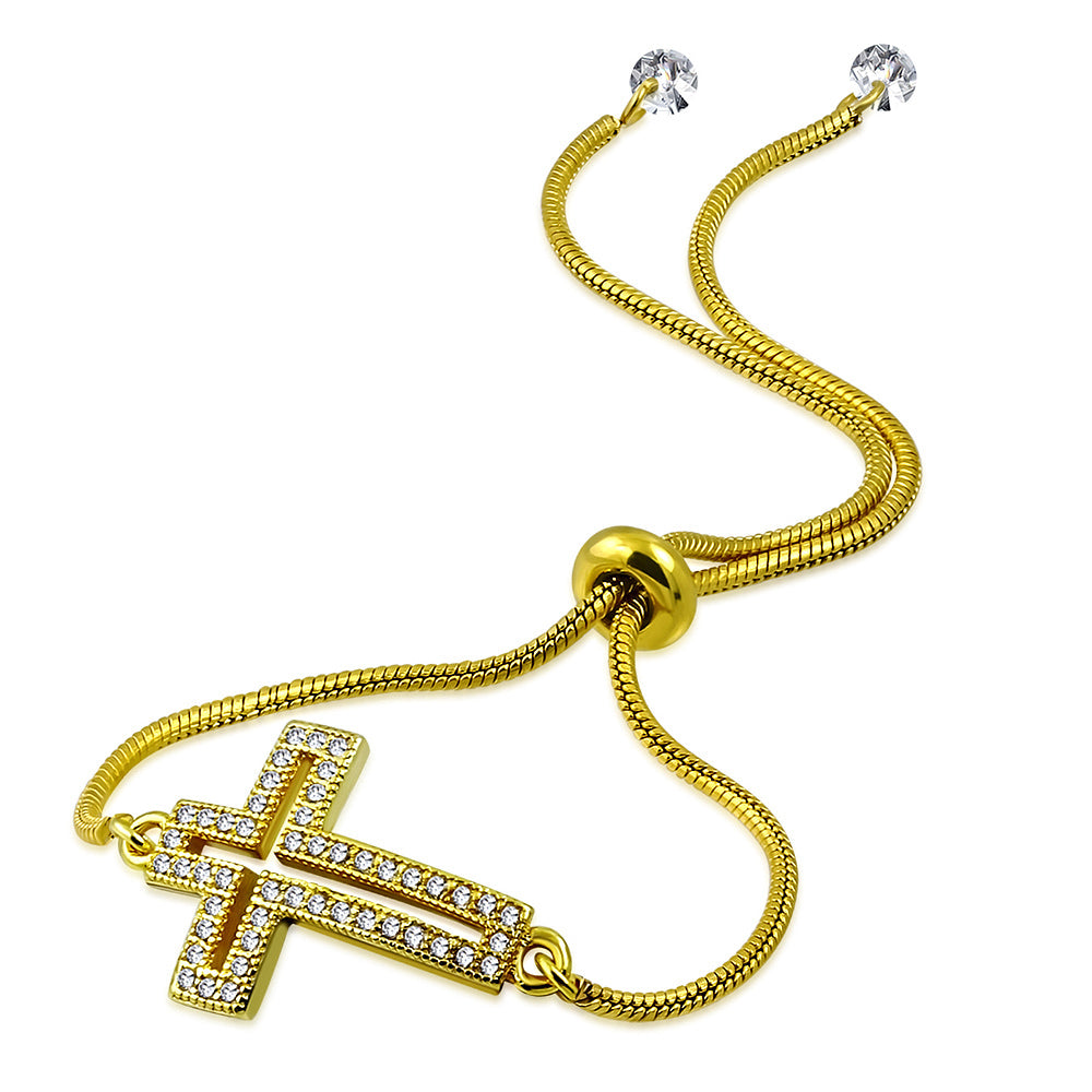 Stainless Steel Clear CZ Cross Adjustable Snake Chain Bracelet
