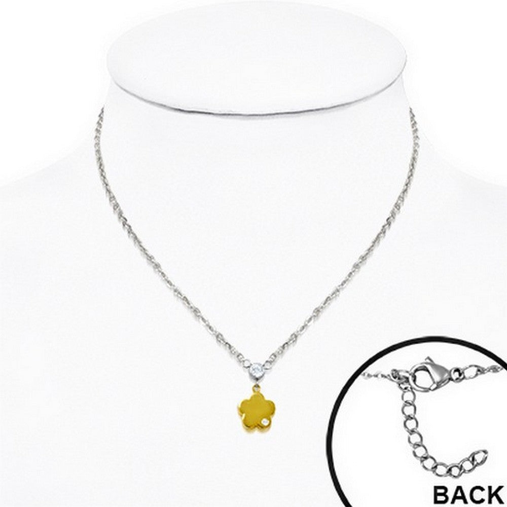 Stainless Steel Silver Yellow Gold Two-Tone Flower Floral Charm White CZ Pendant Necklace