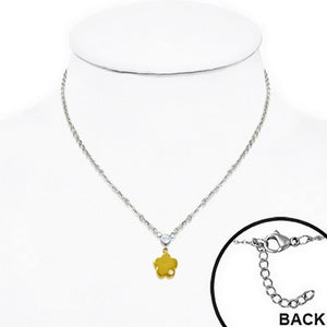 Stainless Steel Silver Yellow Gold Two-Tone Flower Floral Charm White CZ Pendant Necklace