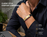 Men's Black Leather Bracelet with Stainless Steel Two Tone Gold & Silver ID Plate, 8 Inch Fashion Bracelet for Men