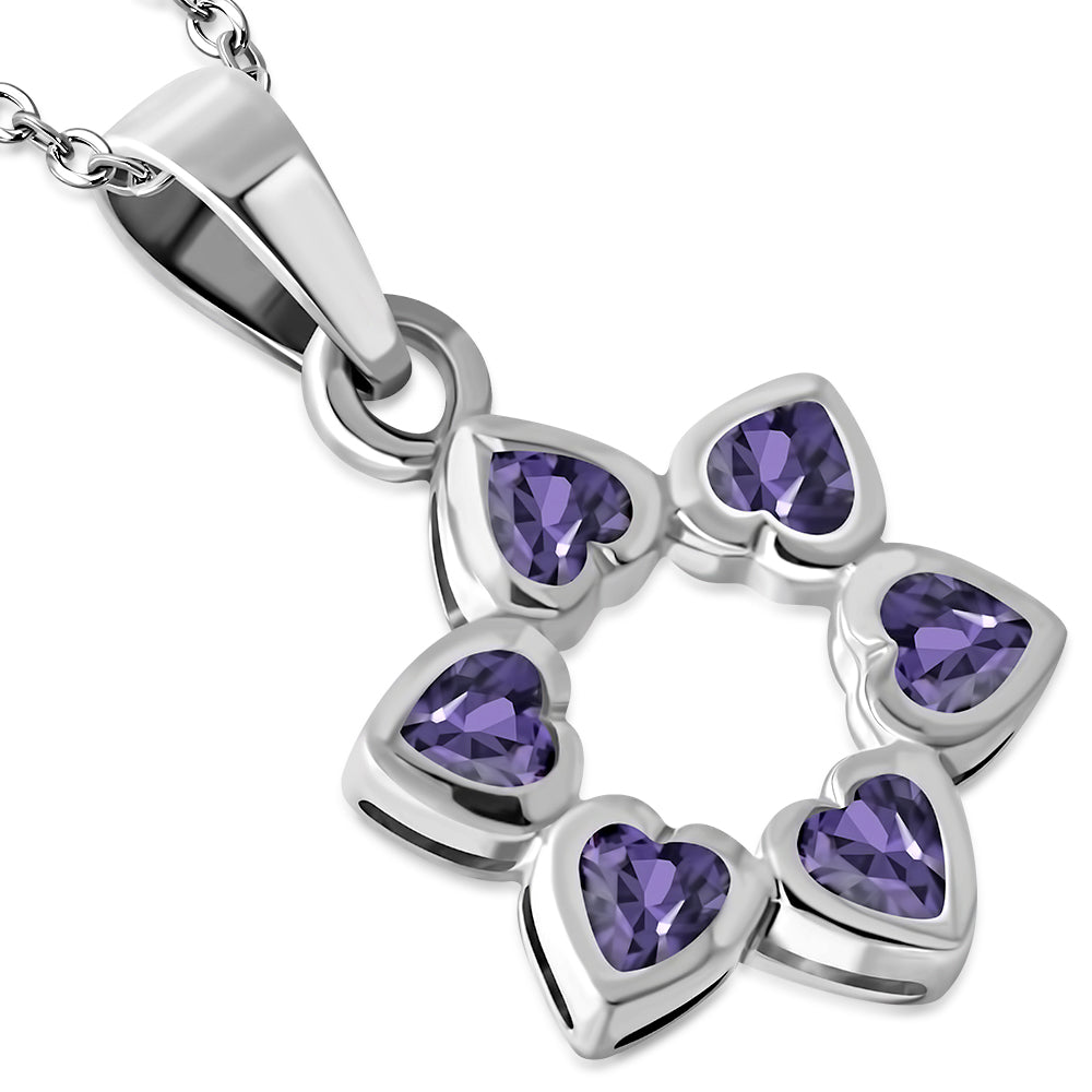 Multi Color Heart Six Point Star Necklace Sterling Silver