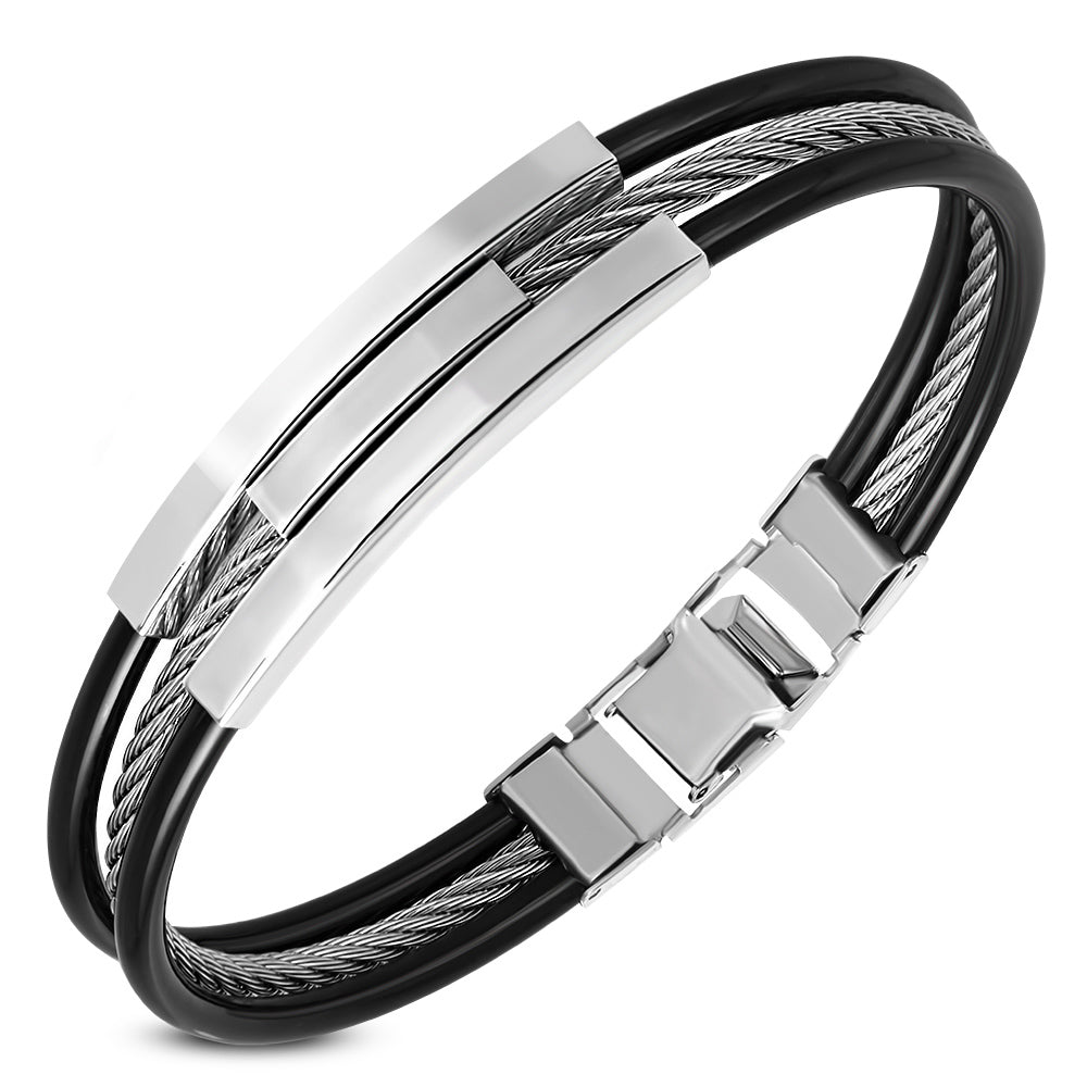 Stainless Steel Black Rubber Silicone Silver-Tone Rope Men's Bracelet, 8"