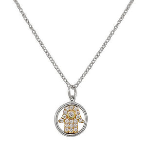 925 Sterling Silver Two-Tone Evil Eye Hamsa White CZ Womens Girls Small Pendant Necklace