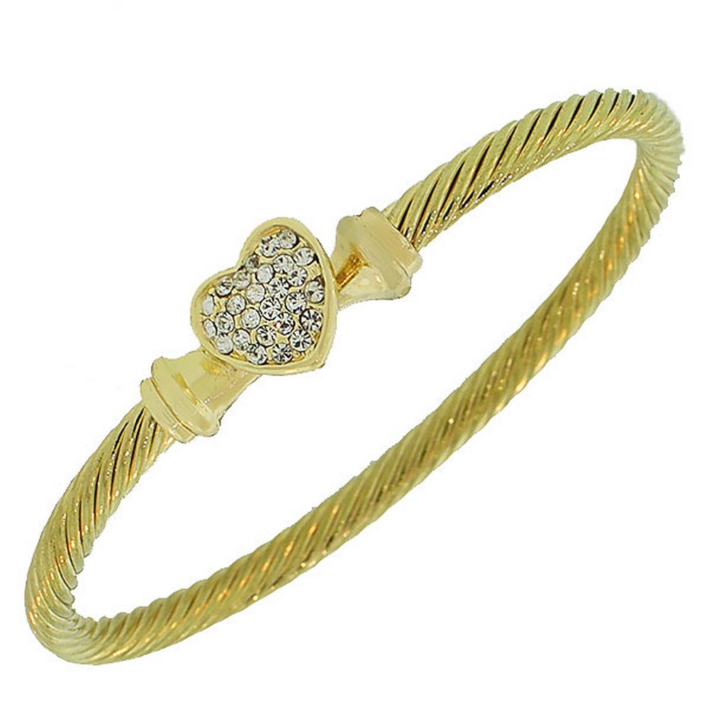 Fashion Alloy Yellow Gold-Tone White CZ Twisted Cable Love Heart Bangle Bracelet