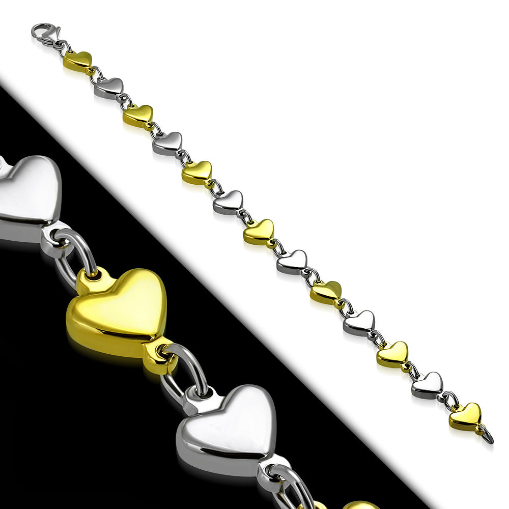 Stainless Steel Two-Tone Love Heart Link Chain Bracelet, 8"