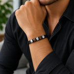 Men's Black Leather Bracelet Stainless Steel Two Tone Brown & Silver 5 Section Design, 8 Inch Men's Fashion Bracelet