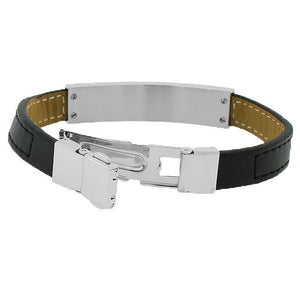 Stainless Steel Black Leather Yellow Gold-Tone Silver-Tone Men's Bracelet