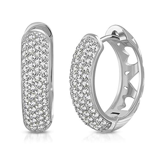 925 Sterling Silver White Clear CZ Classic Hoop Earrings, 0.8"