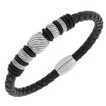 Stainless Steel Black Leather Silver-Tone Wristband Bracelet