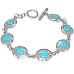 Stainless Steel Silver-Tone Circle Blue Turquoise-Tone Charm Womens Link Bracelet