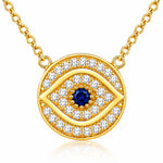 925 Sterling Silver White Blue CZ Round Hamsa Evil Eye Womens Pendant Necklace