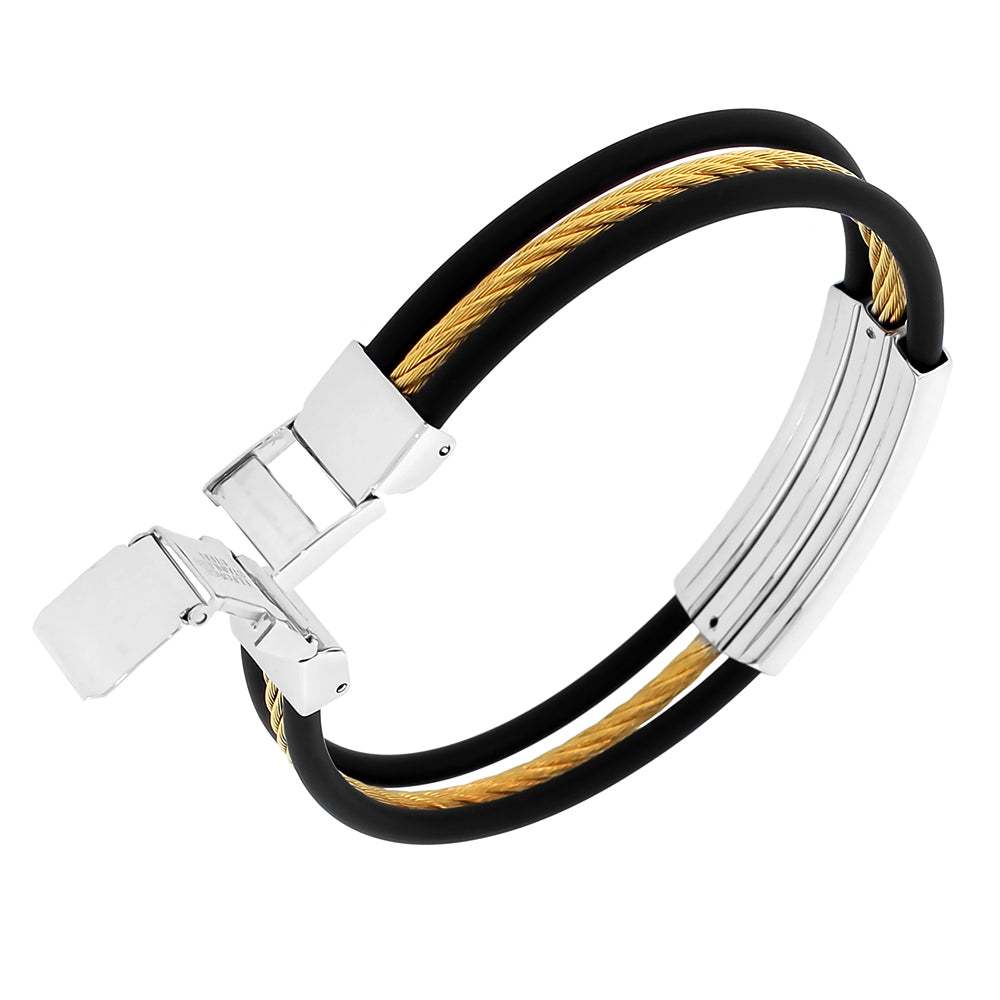 Stainless Steel Black Rubber Silicone Two-Tone Twisted Cable Rope Men's Bracelet
