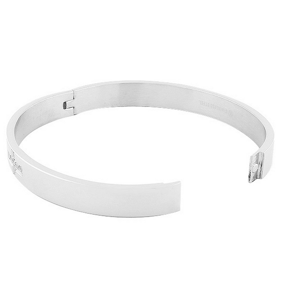 Stainless Steel Silver-Tone White CZ Cross Bangle Bracelet