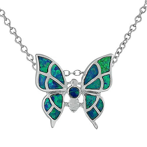 925 Sterling Silver Pink Simulated Opal Butterfly Womens Pendant Necklace with Chain