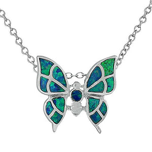 925 Sterling Silver Pink Simulated Opal Butterfly Womens Pendant Necklace with Chain
