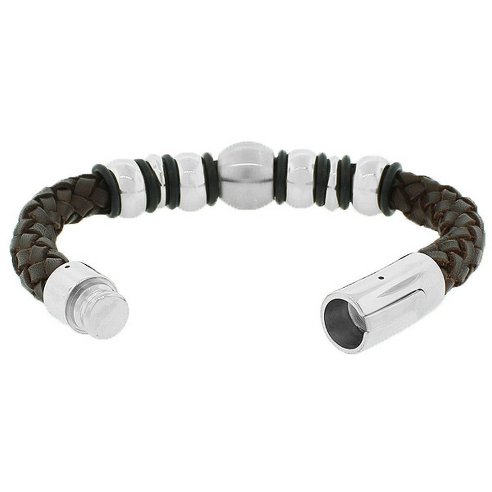 Stainless Steel Silver-Tone Brown Leather Wristband Men's Bracelet
