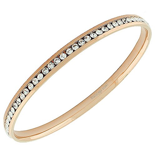 Stainless Steel Rose Gold-Tone White CZ Bangle Bracelet