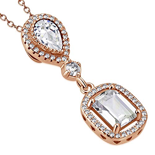 925 Sterling Silver Rose Gold-Tone Rectangular Teardrop CZ Elegant Pendant Necklace