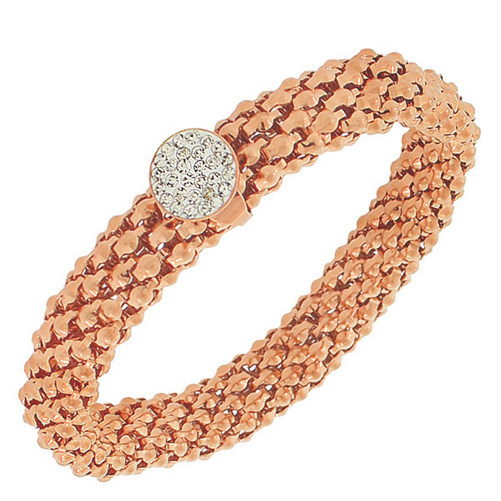 Stainless Steel Rose Gold-Tone White CZ Stretch Mesh Bracelet
