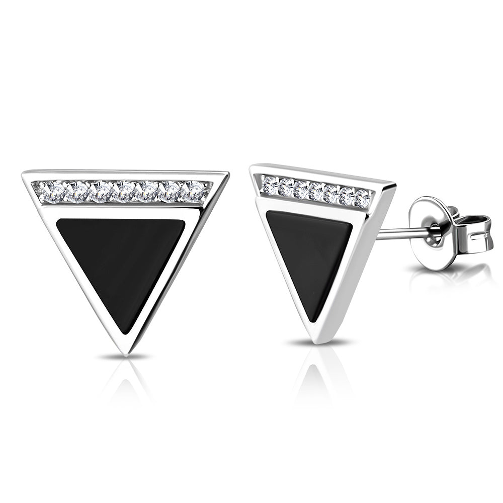 925 Sterling Silver White Clear CZ Black Simulated Gemstone Triangle Stud Earrings, 0.40"