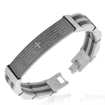 Stainless Steel Black Silver-Tone Lords Prayer in English Mens Link Bracelet