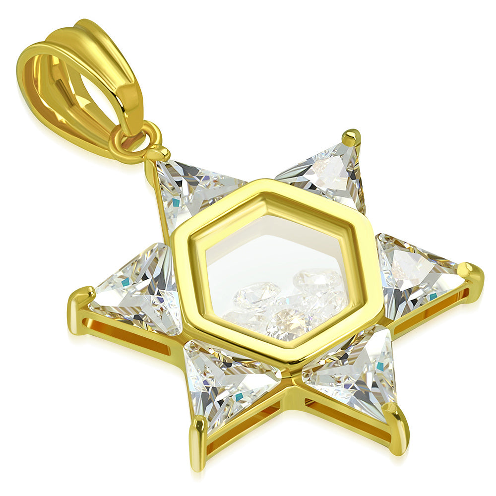 Stainless Steel Yellow Gold-Tone Clear White CZ Jewish Star of David Pendant Necklace