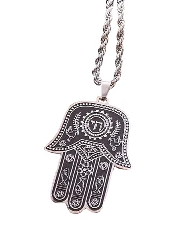 My Daily Styles Stainless Steel Chai Jewish Good Luck Hamsa Hand Necklace, 24 Inch Rope Chain, Black Oxidized Finish, 1.6 x 1.3 Inch Pendant