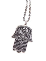 My Daily Styles Stainless Steel Chai Jewish Good Luck Hamsa Hand Necklace, 24 Inch Rope Chain, Black Oxidized Finish, 1.6 x 1.3 Inch Pendant