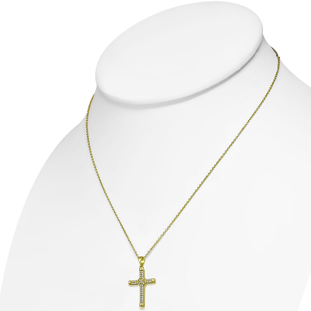 925 Sterling Silver Yellow Gold-Tone Clear CZ Religious Cross Pendant Necklace