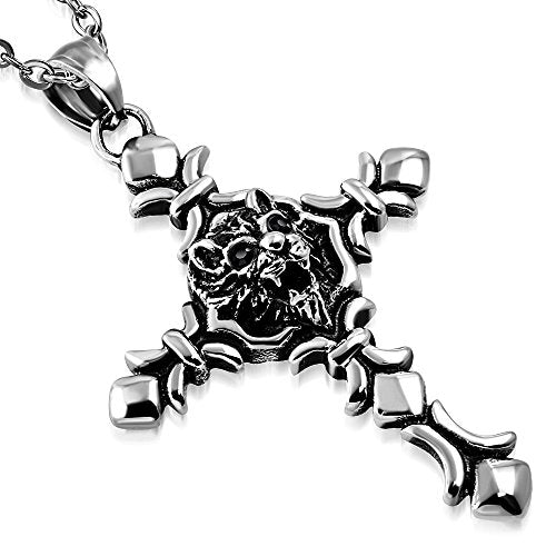 Stainless Steel Silver-Tone Lion Red CZ Mens Pendant Necklace