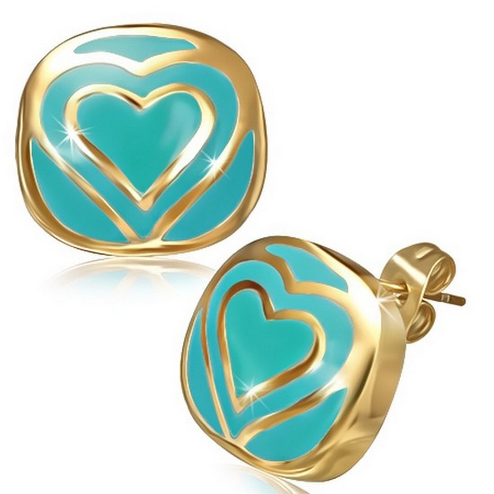 Stainless Steel Blue Yellow Gold-Tone Square Love Heart Womens Girls Stud Earrings