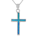 925 Sterling Silver Religious Cross Blue Turquoise-Tone Simulated Simulated Opal Pendant Necklace