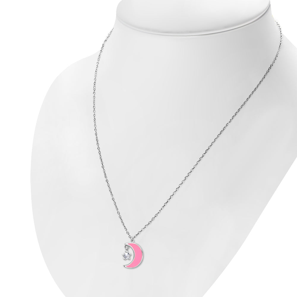 My Daily Styles 925 Sterling Silver Crescent Moon and Star CZ Pendant Necklace with Pink or Blue Enamel