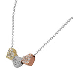 925 Sterling Silver Gold Triple Love Heart Charm CZ Pendant Necklace
