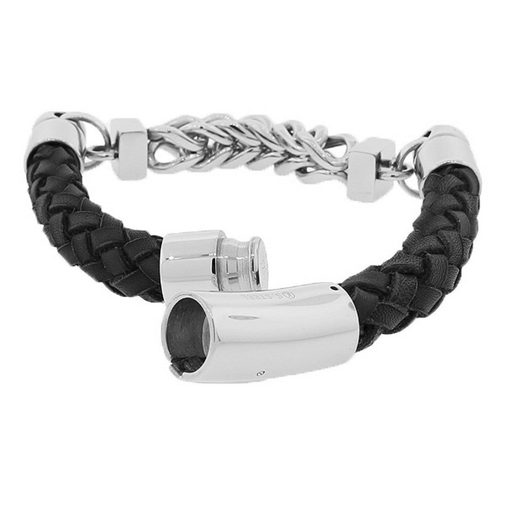 Stainless Steel Black Leather Silver-Tone Link Chain Men's Bracelet
