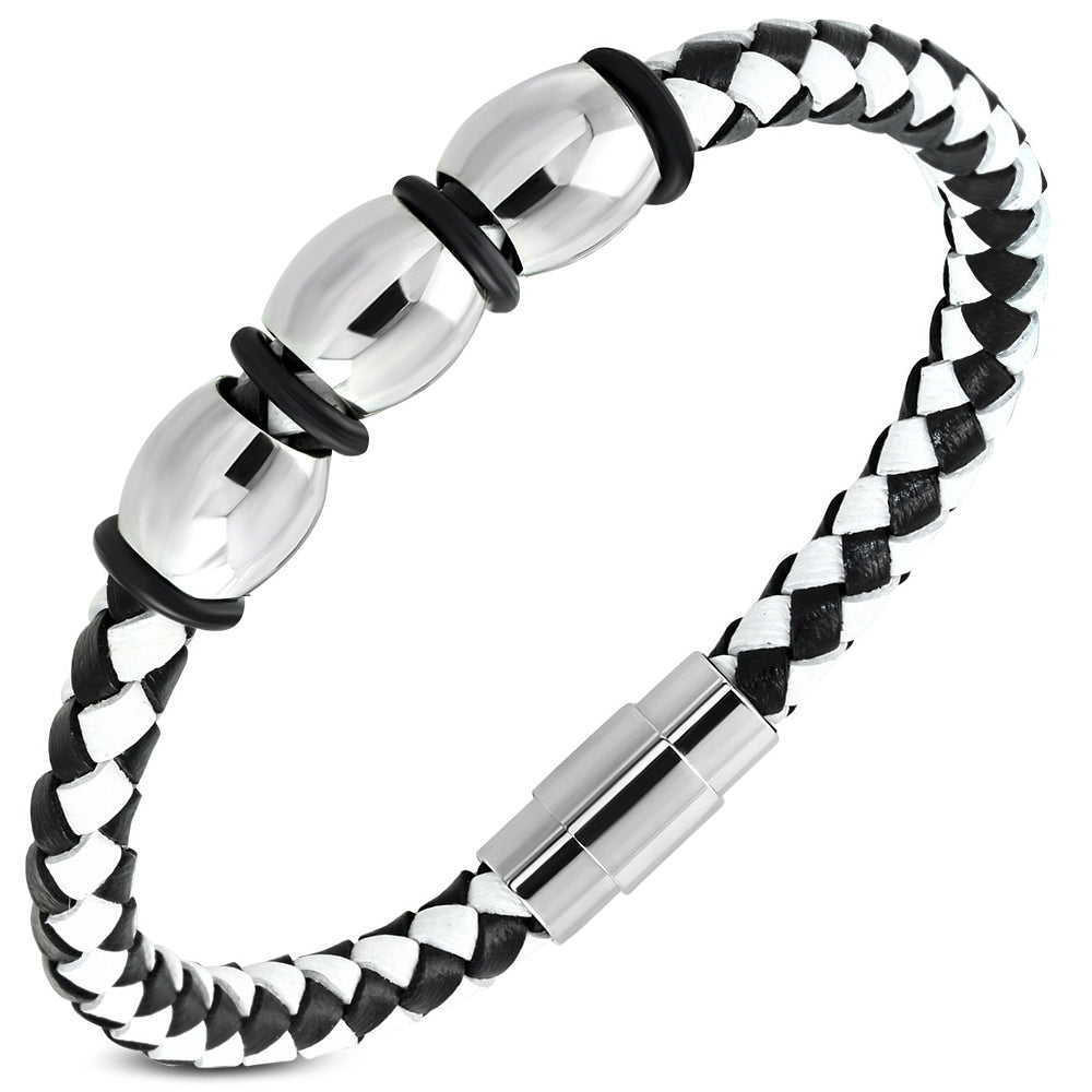 Stainless Steel Silver-Tone White Black Leather Braided Wristband Bracelet, 8"