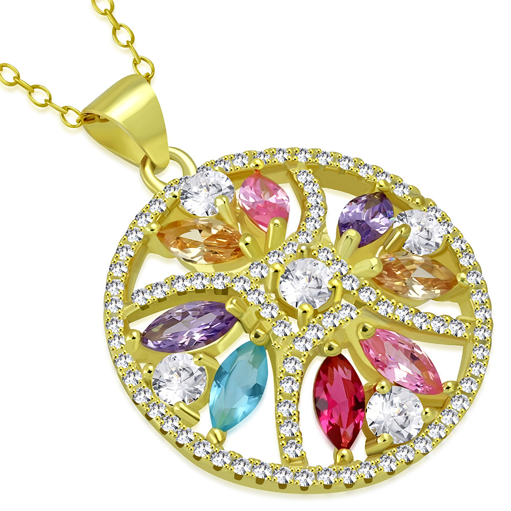 925 Sterling Silver Multicolor CZ Round Circle Bright Pendant Necklace