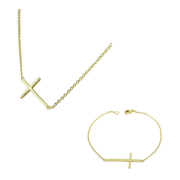 925 Sterling Silver Gold-Tone Womens Sideways Religious Cross Necklace Bracelet Set