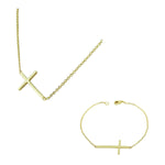 925 Sterling Silver Gold-Tone Womens Sideways Religious Cross Necklace Bracelet Set