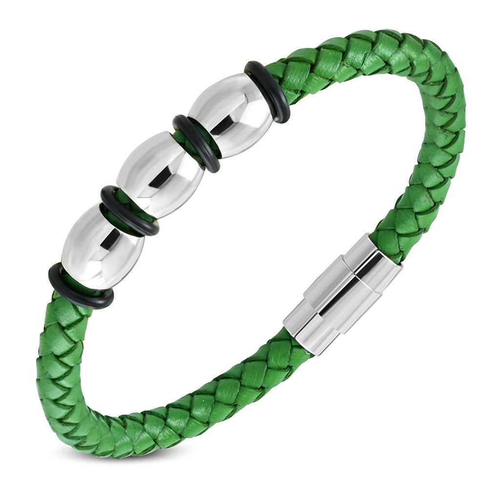 Green Leather Braided Wristband Bracelet, 8"