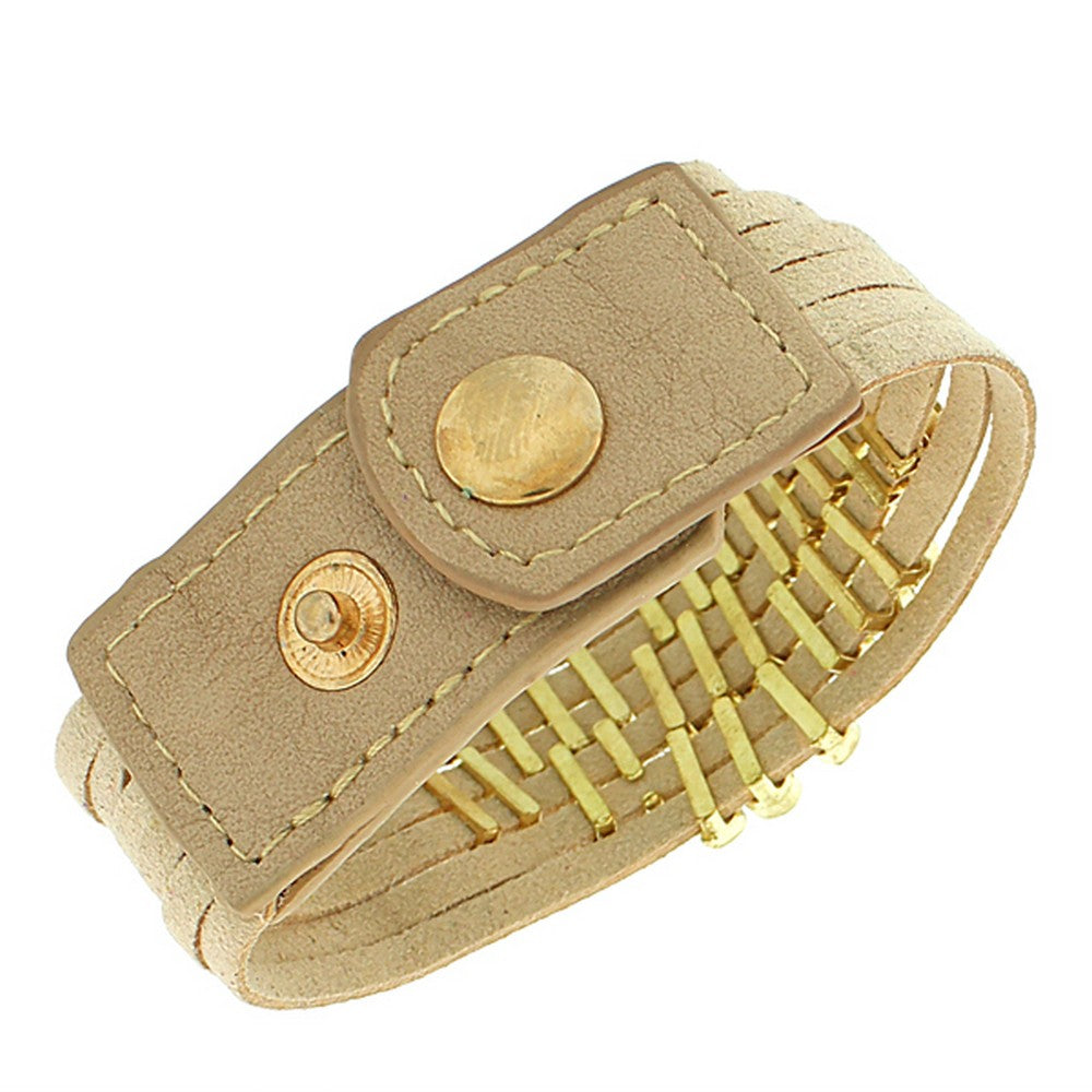Faux Tan Beige Suede Leather Yellow Gold-Tone White CZ Wristband Wrap Bracelet
