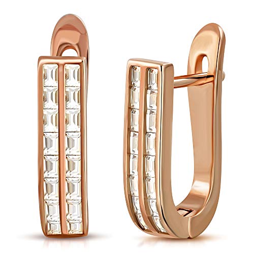 925 Sterling Silver Yellow Gold-Tone Baguette CZ Hoop Huggie Earrings
