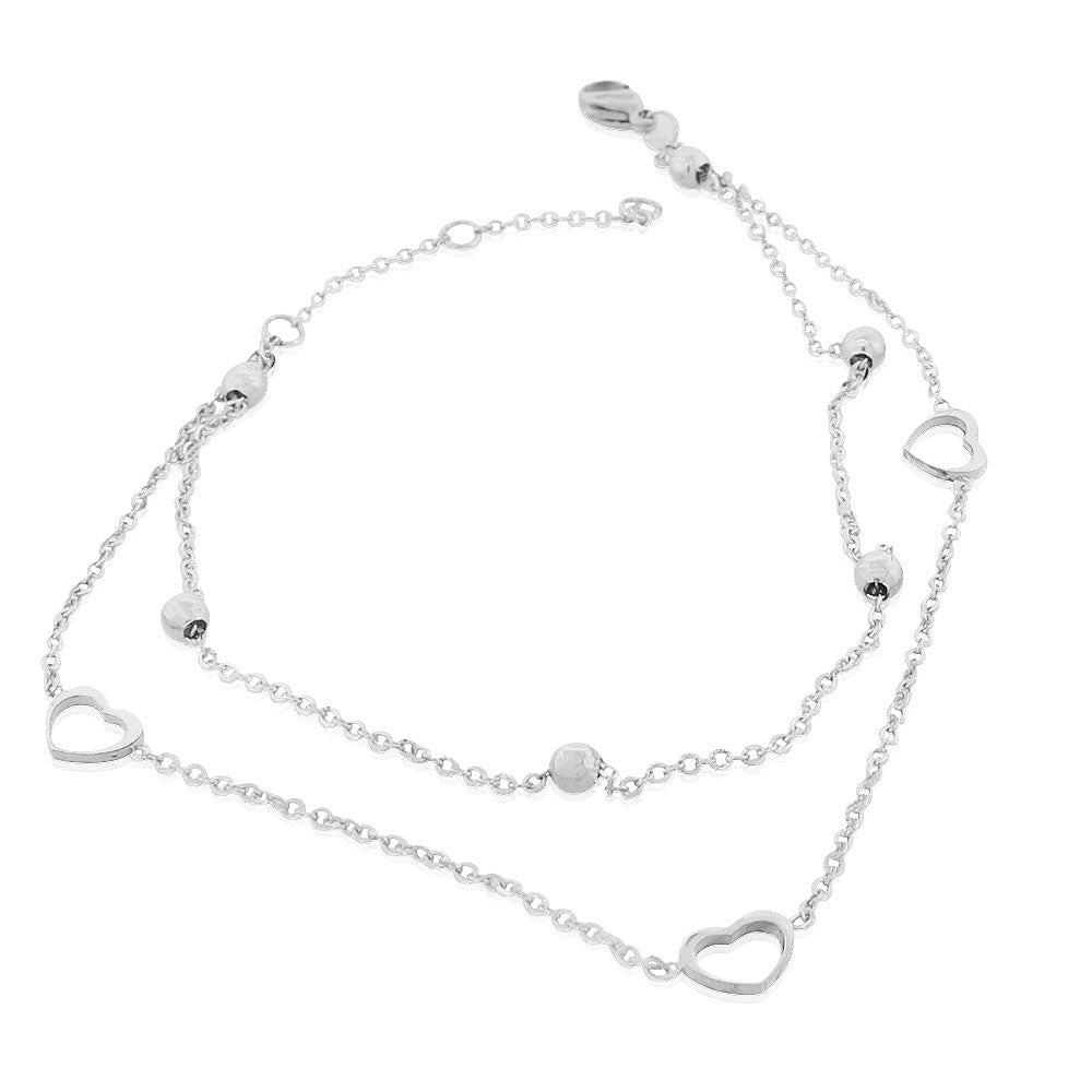 Stainless Steel Silver-Tone Cut-out Love Heart Sphere Anklet Bracelet