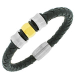 Stainless Steel Black Leather Two-Tone Men's Bracelet
