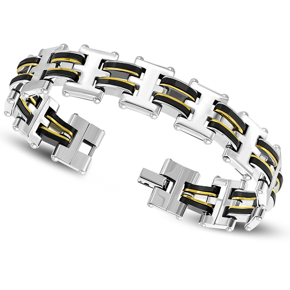 Stainless Steel  Silver Gold Black Tri-color Link Chain Men's Bracelet