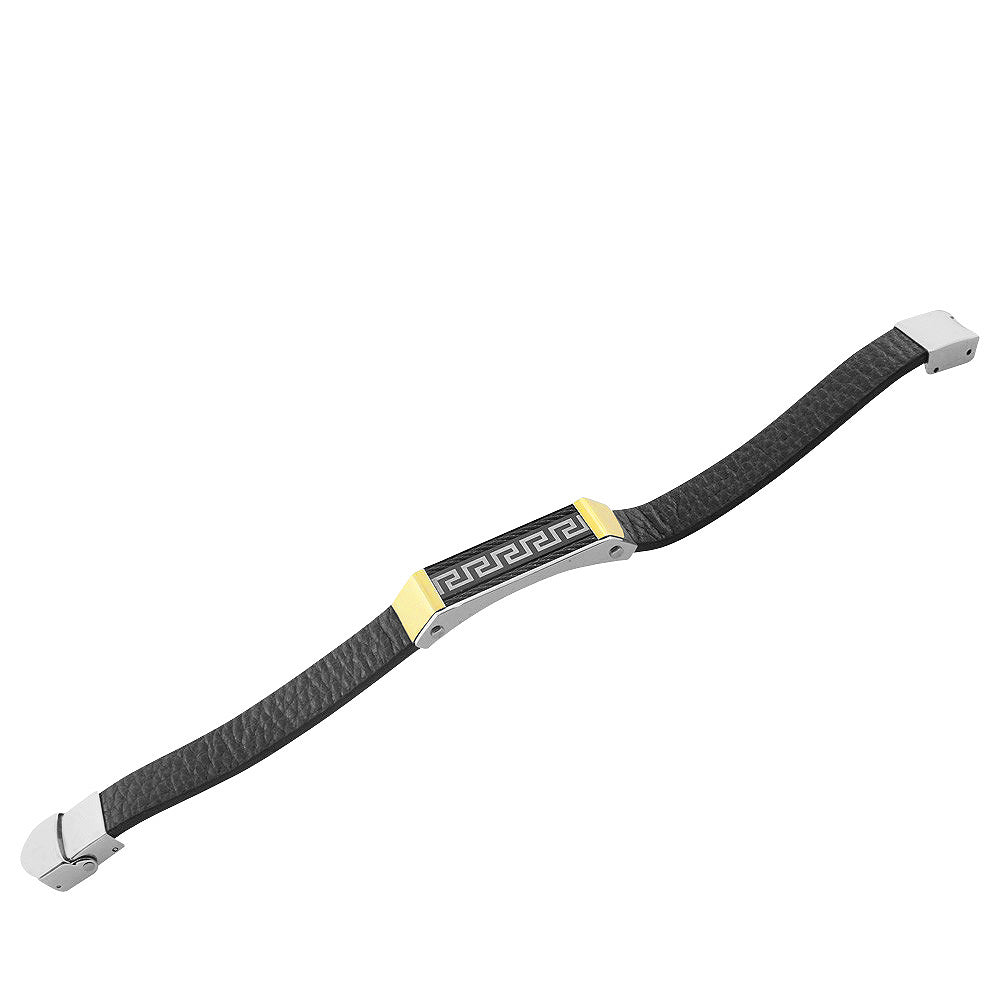 Stainless Steel Black Faux Leather Two-Tone Greek Key Bracelet