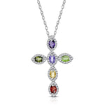 925 Sterling Silver Multicolor CZ Religious Cross Large Statement Pendant Necklace