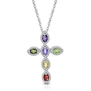 925 Sterling Silver Multicolor CZ Religious Cross Large Statement Pendant Necklace