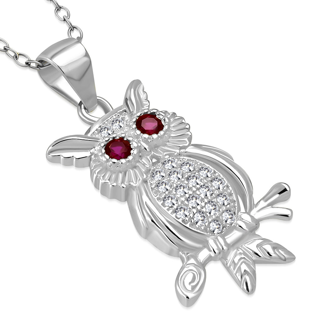 925 Sterling Silver White Clear Pink CZ Owl Pendant Necklace
