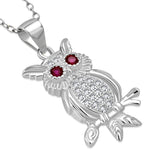 925 Sterling Silver White Clear Pink CZ Owl Pendant Necklace